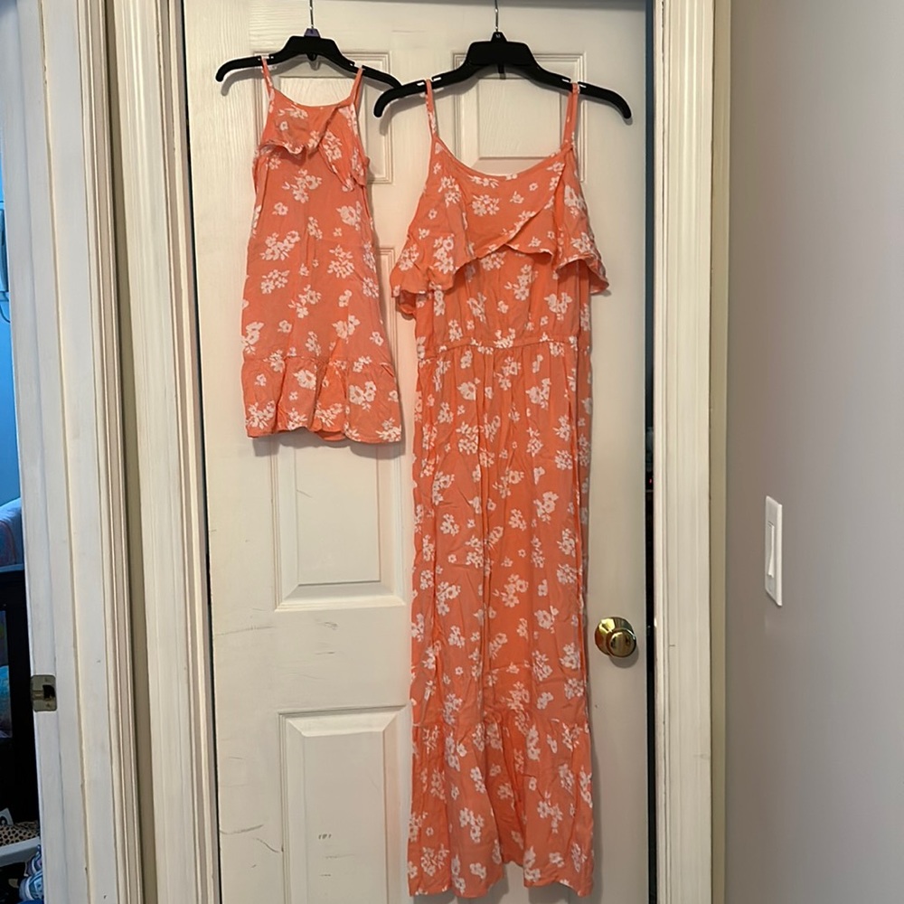 Mommy and Me Matching Peyton and Parker coral dresses.